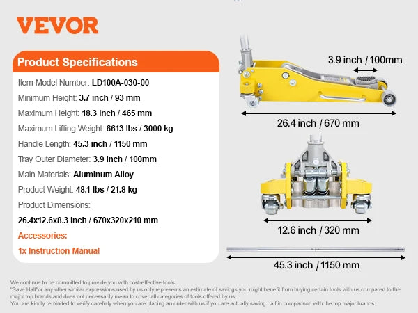SucceBuy Aluminum Hydraulic Floor Jack With Dual Piston Lift Pump