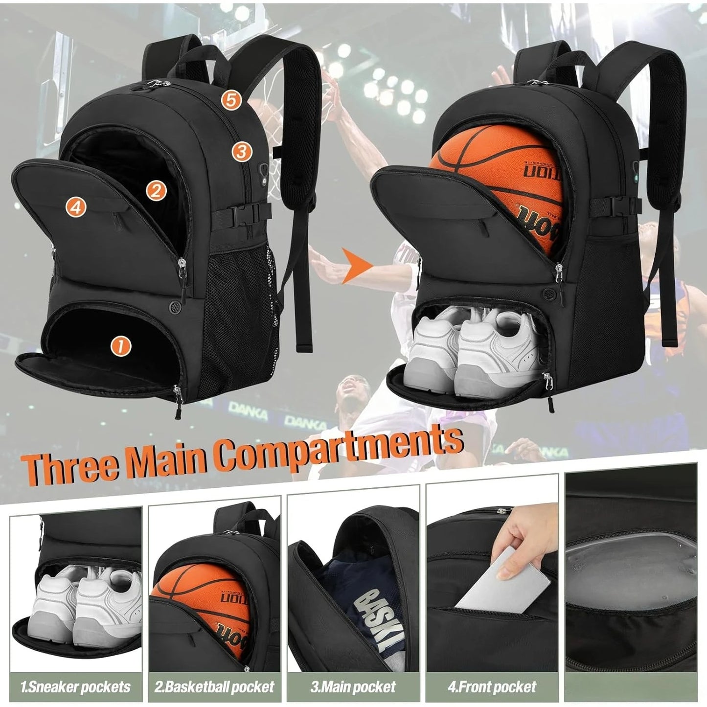 Canvas Basketball Backpack With Ball Holder And Shoe Compartment