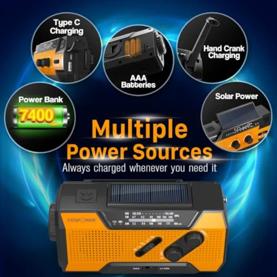 Emergency Weather Radio Hand Crank Solar Powered USB Power Bank