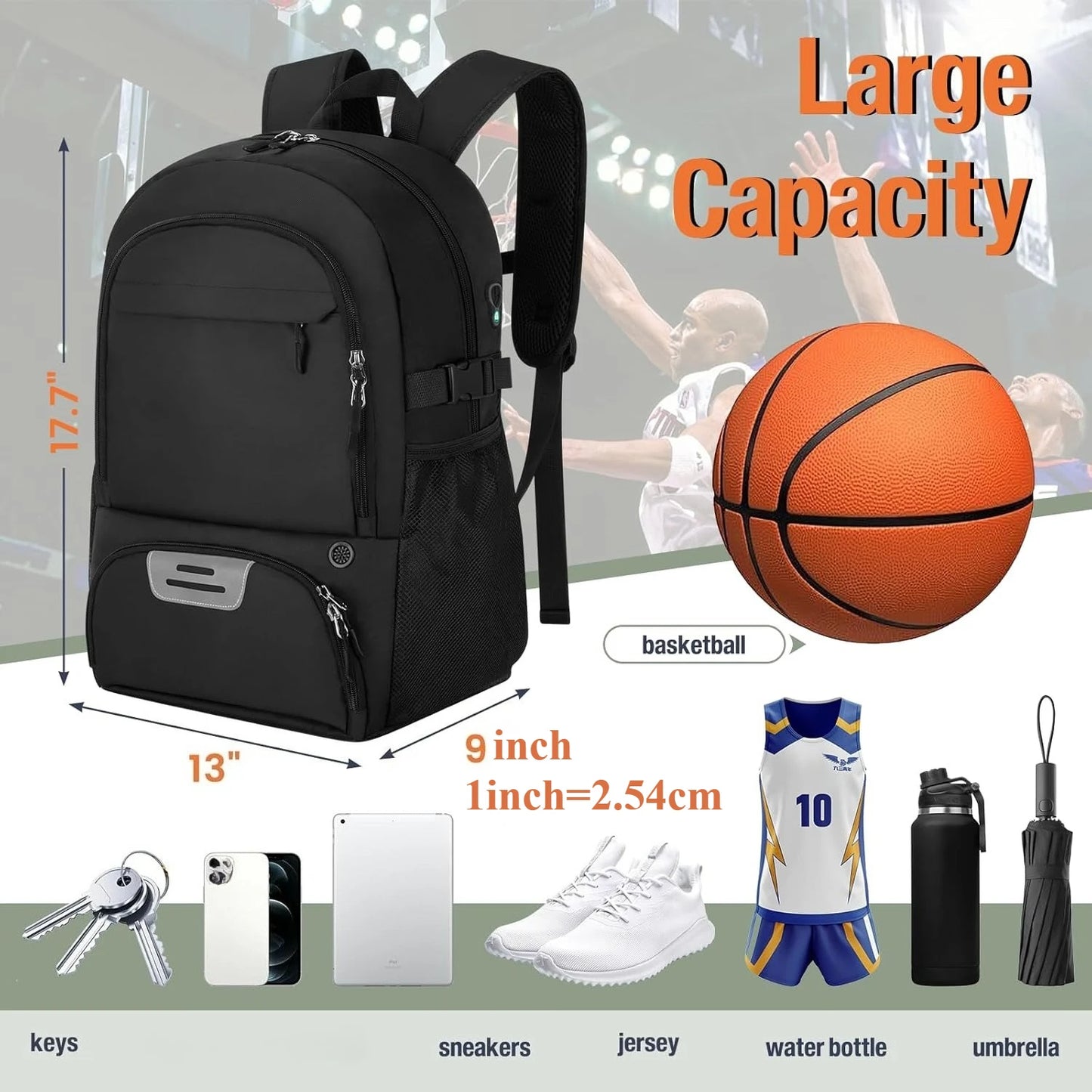 Canvas Basketball Backpack With Ball Holder And Shoe Compartment