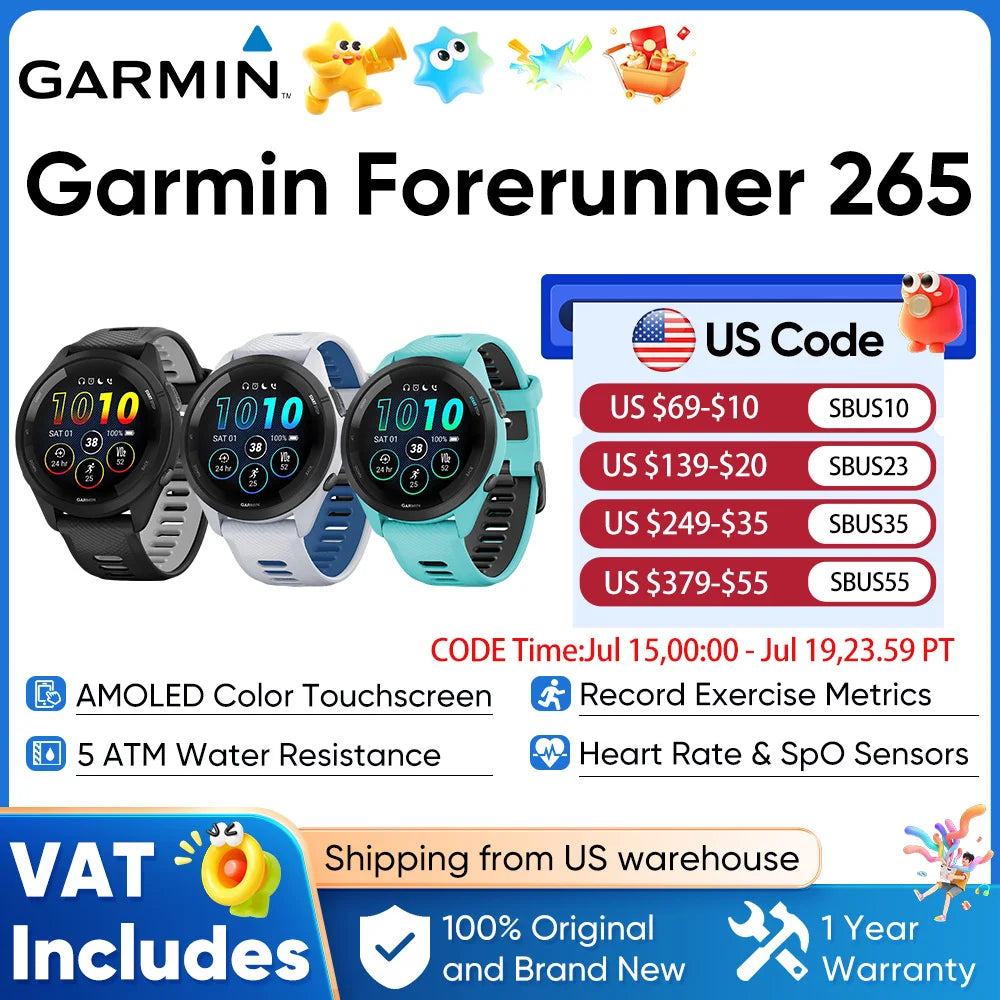 Garmin Forerunner 265 Smartwatch Featuring Amoled Screen Heart Rate Monitoring