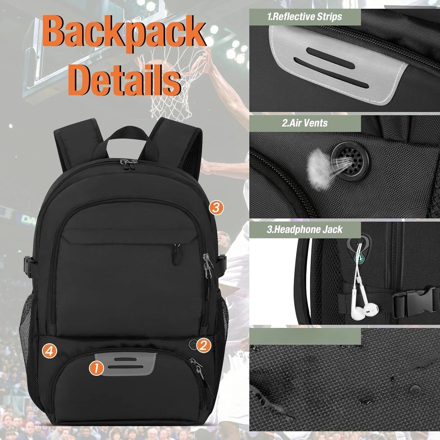 Canvas Basketball Backpack With Ball Holder And Shoe Compartment