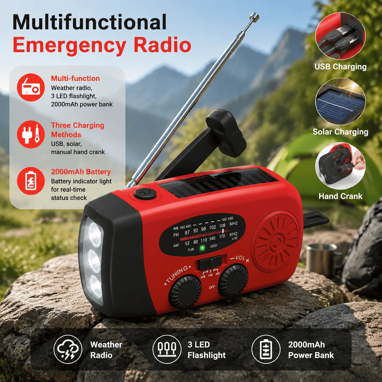 Solar Hand Crank Emergency Radio With Power Bank And Led Flashlight
