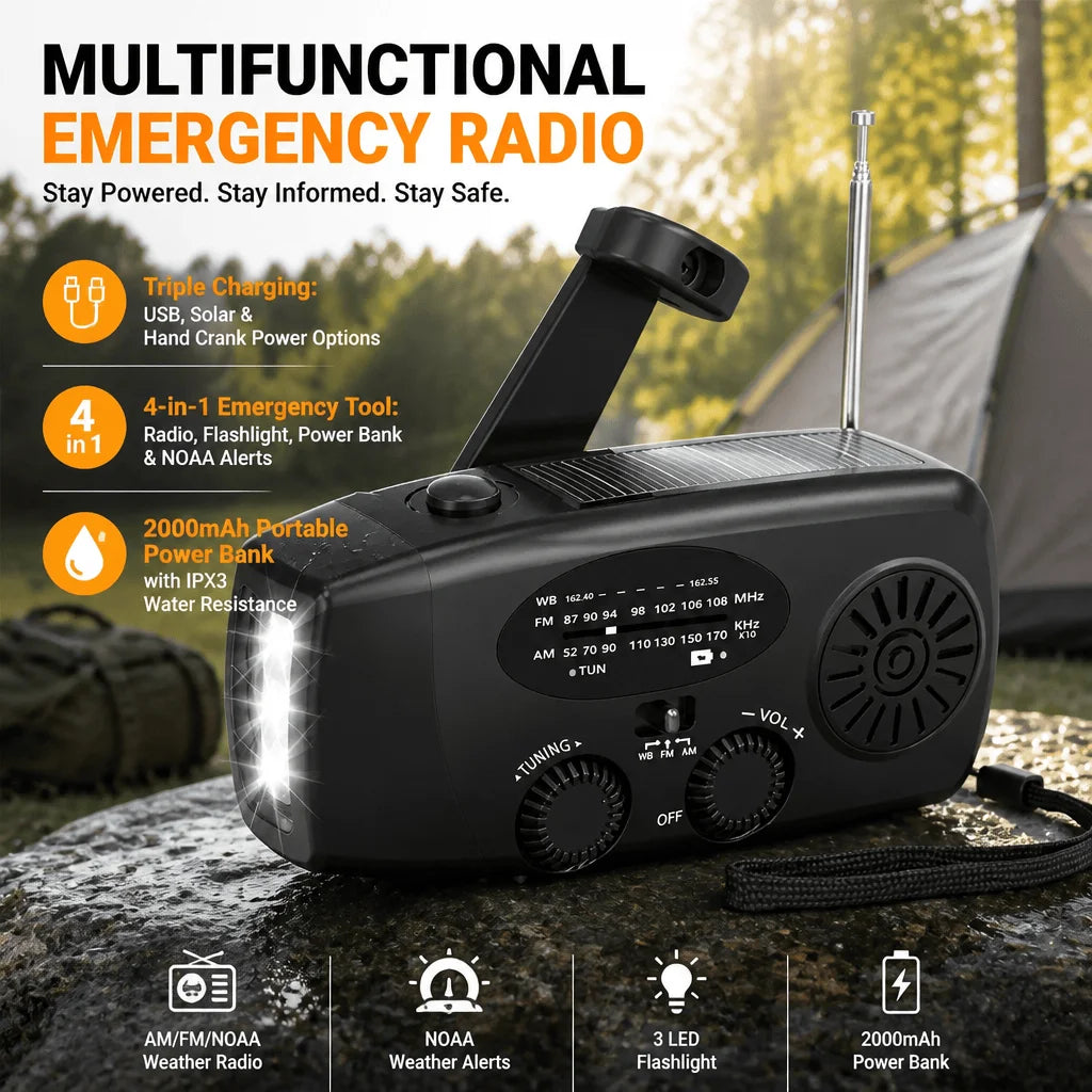 Stonego Hand Crank Solar Emergency Radio With Portable Power Bank