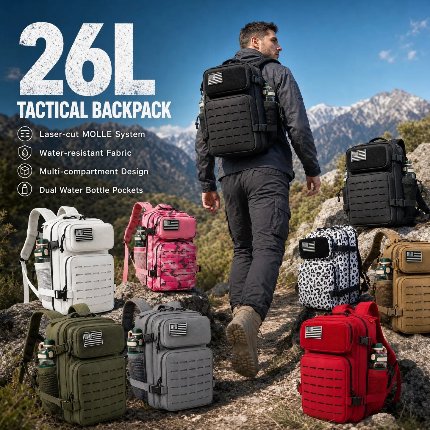 ReFire Gear Tactical Backpack Molle Hiking Rucksack with Cup Holders