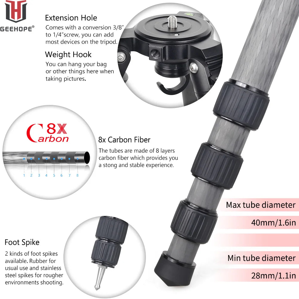 Geehope Professional Carbon Fiber Camera Tripod For Photography