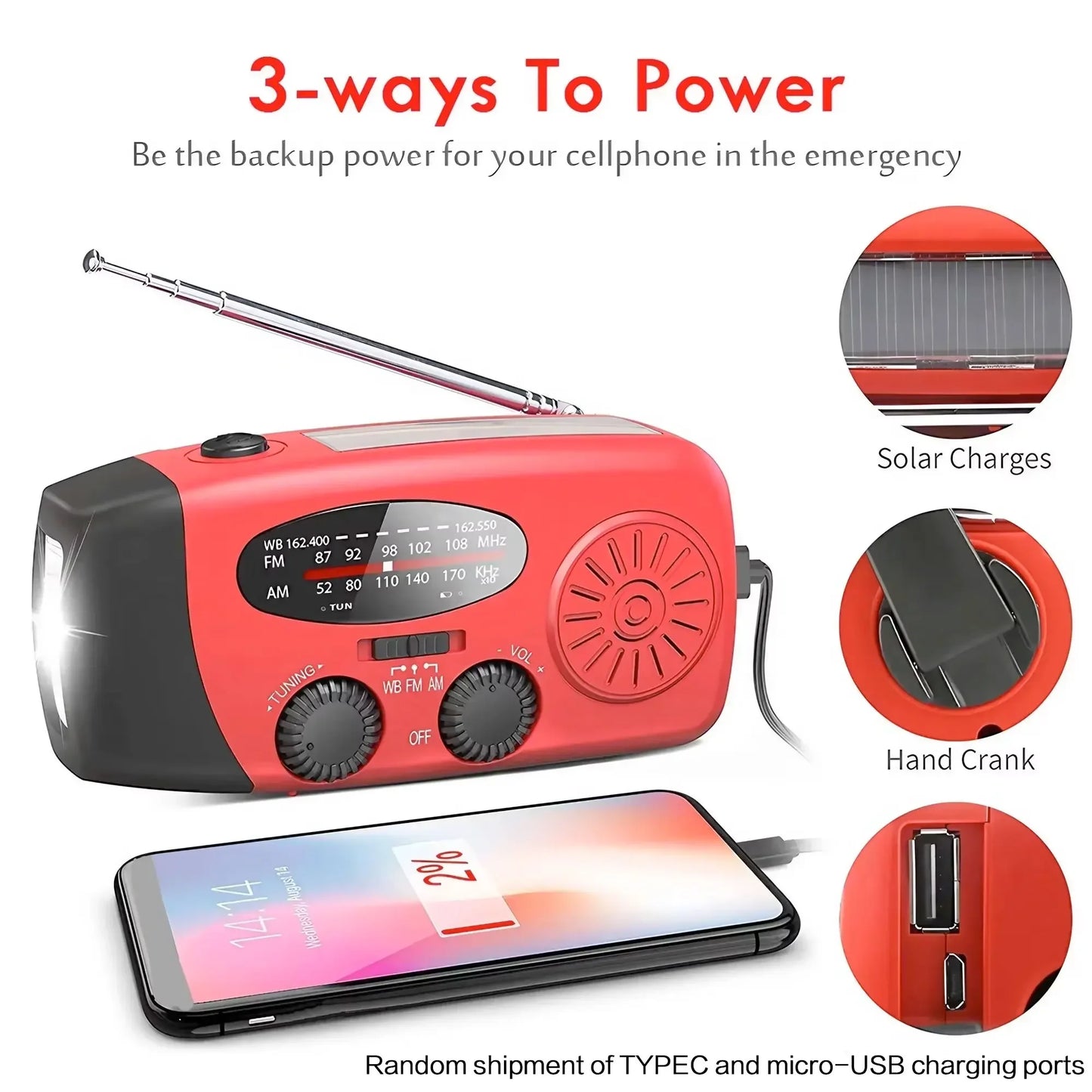 Stonego Hand Crank Solar Emergency Radio With Portable Power Bank